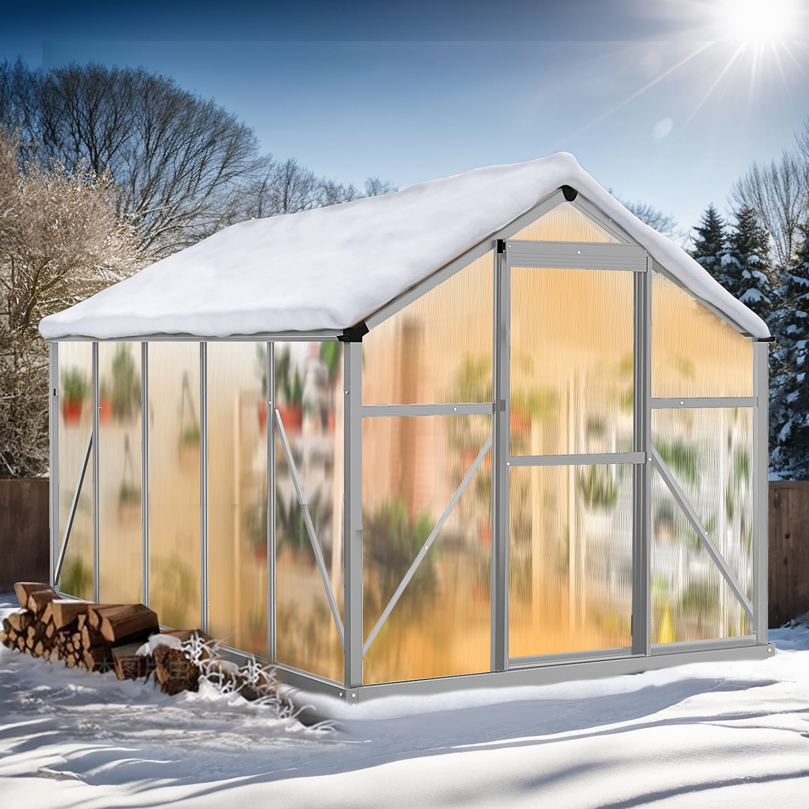 Seizeen 6x10FT Outdoor Greenhouse, Walk-in Green House Polycarbonate, Aluminium Frame Plant House for Gardening, with Adjustable Vent, 8 Supports, 62’’H Sliding Door, Silver