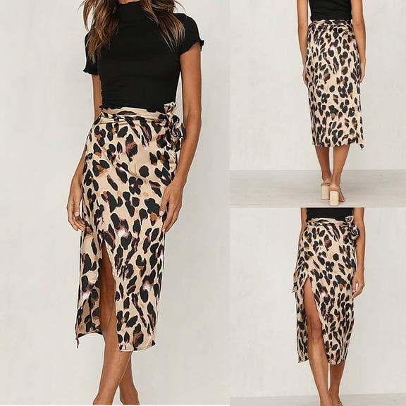 Womens Skirt Leopard Print Wrapped Chiffon Mid Length Skirts (Brown S)