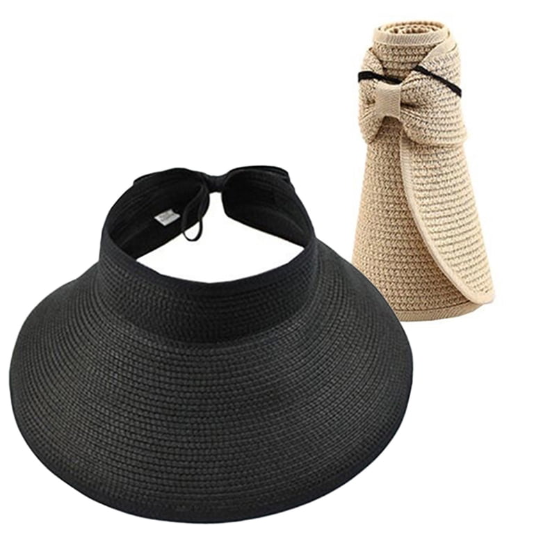 Foldable Straw Sun Hat Wide Brim Visor Adjustable Beach Packable Floppy Cap Women Patriotic Sun Visors Foldable Straw Ponytail Hat  main image 2