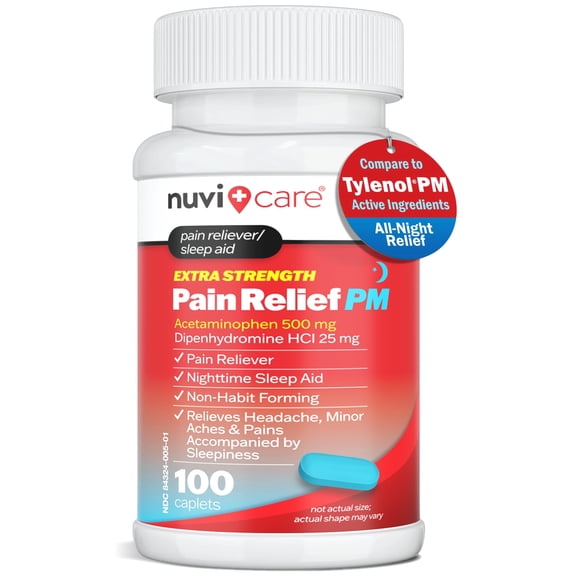 NUVICARE Extra Strength Pain Relief PM - Acetaminophen 500mg & Diphenhydramine 25mg - Compare to Tylenol Extra Strength Sleep Aid - Adult PM Pain Reliever for Nighttime Aches & Pains (100 Tablets)