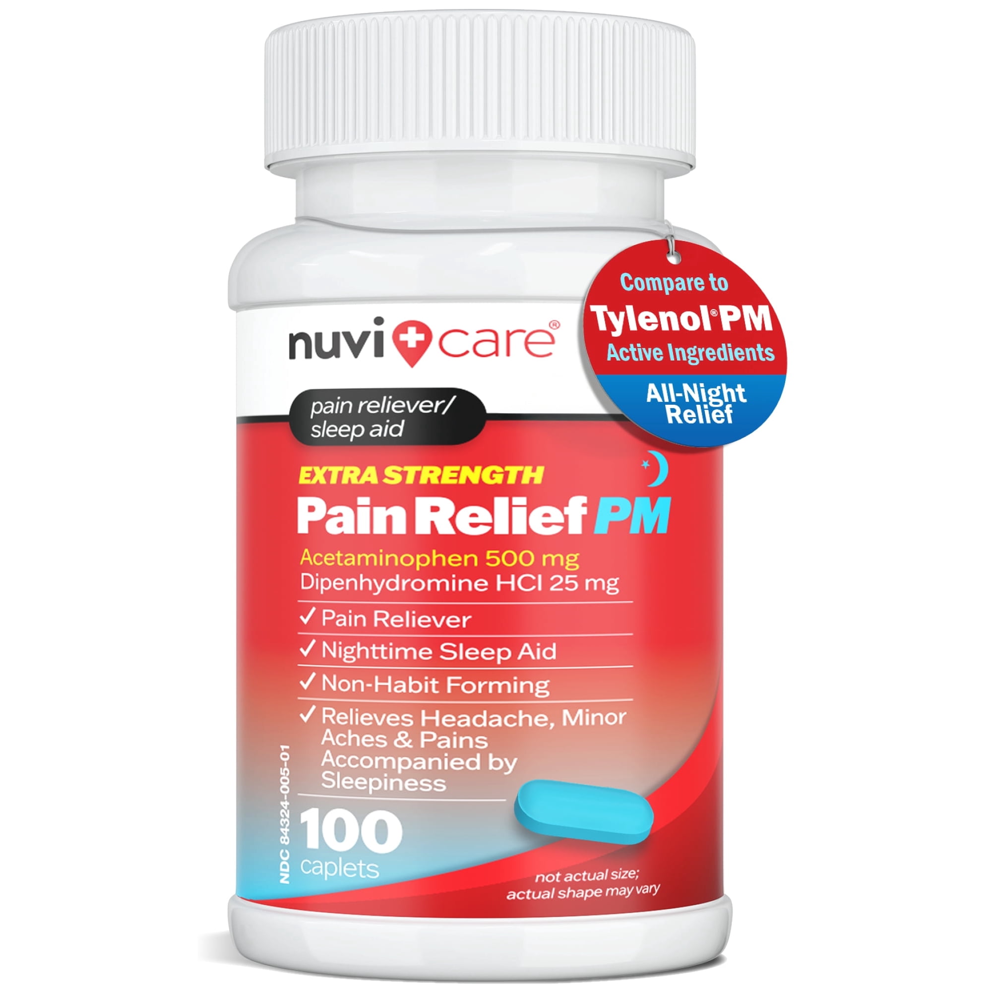 NUVICARE Extra Strength Pain Relief PM - Acetaminophen 500mg & Diphenhydramine 25mg - Compare to Tylenol Extra Strength Sleep Aid - Adult PM Pain Reliever for Nighttime Aches & Pains (100 Tablets)