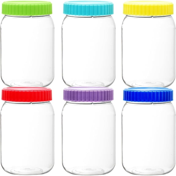 6 Pack Plastic Mason Jars with Lids, 18 Ounce Wide Mouth Mason Jars, Plastic Canning Jars with Airtight Lids, 6 Assorted Colors, NO Dishwasher