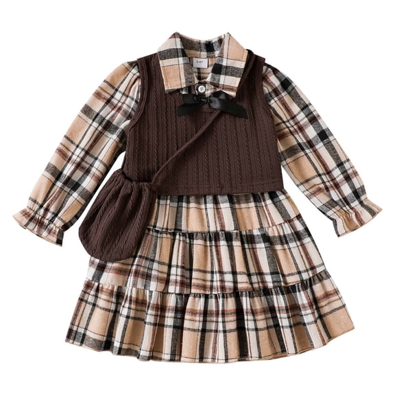 Kucnuzki 6T Little Girl Outfit Set 7T Kid Child Skirt Set Long Sleeves Plaid A-line Dress Bowknt Tie One-piece Dresses Knitted Tank Top with Bag 3pcs Sweet Clothing Khaki
