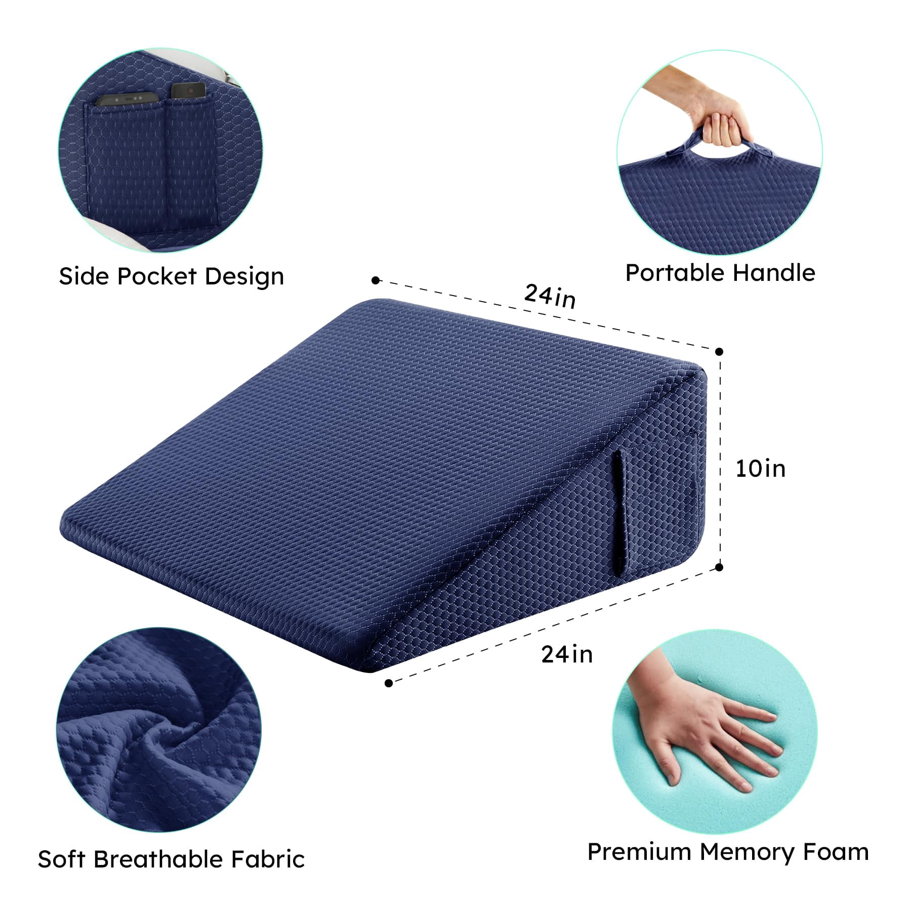 Wedge Pillow  10 Inch Bed For Headboard Acid Reflux Sleeping After Triangle - Memory Foam Top Navy