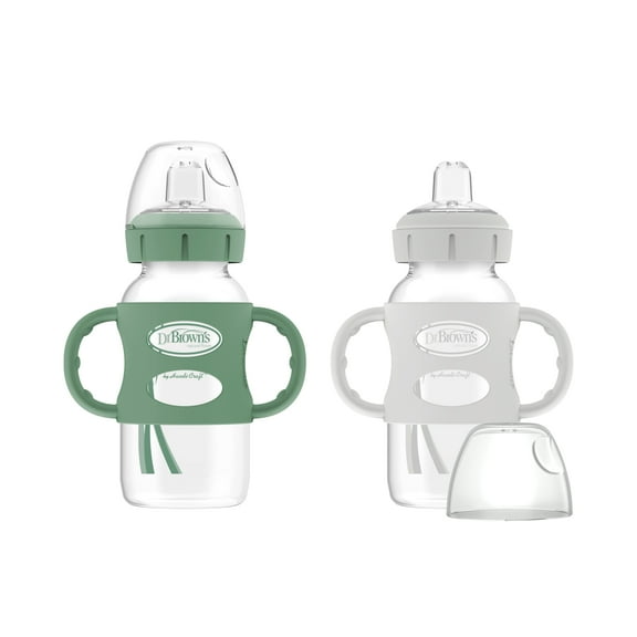 Dr. Brown's Milestones Wide-Neck Sippy Bottle, 100% Silicone Handles/Spout, 9oz, Green/Gray, 2-Pack