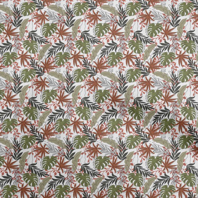 oneOone Tissu Polyester Spandex Blanc Motif Feuille Tropicale Tissu au Mètre 56 Pouces de Large