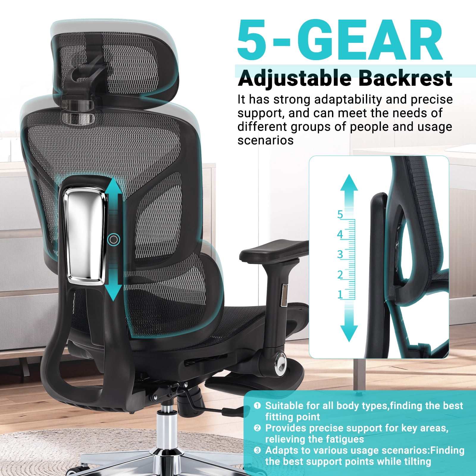 400lbs Ergonomic Office chair with Footrest, High-Back Mesh Desk chair with Adjustable Lumbar Support & Headrest & Armrest, Comfy Computer Gaming chair with Heavy Duty Base for Work, Home & Gaming
