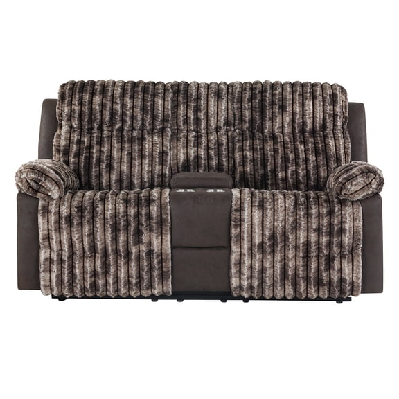 JERFIT Bruni Manual Reclining Loveseat with Console and Cup Holders, Transitional Brown Fabric Sofa for Living Room