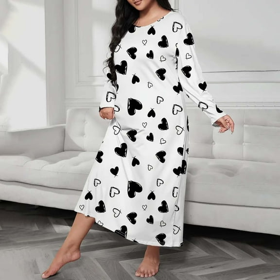 Dyfzdhu Nightgowns for Women Plus Size Casual Sleep Dress Heart Print Long Sleeve Round Neck Medium Stretch Loose Nightdress