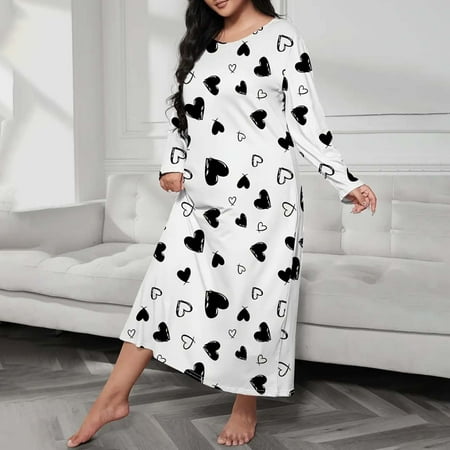 GZWYHT Silk Pajamas Clearance Plus Size Pajamas Plus Size Casual Sleep Dress Plus Heart Print Long Sleeve Round Neck Medium Stretch Loose Nightdress Nightgowns for Women Babydoll Lingerie  Black XL