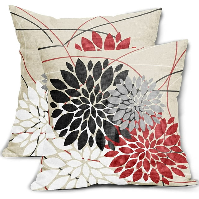 LAICAIW Housses de Coussin Rouges et Noires 18x18 Pouces Fleur de Dahlia Noir Rouge Blanc Gris Gris Taie d'Oreiller Colorée Style Ferme Déco Extérieure pour Maison Chambre Salon Housse de Coussin Carrée en Lin Floral, Ensemble