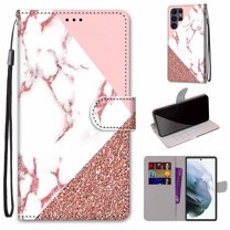 Allytech Galaxy S22 Ultra Case with Detachable Hand Strap, Slim PU Leather Flip Case with Card Slots Holder Foldable Stand Magnetic Snap Cover for Samsung Galaxy S22 Ultra 6.8" 2022, White Pink Marble