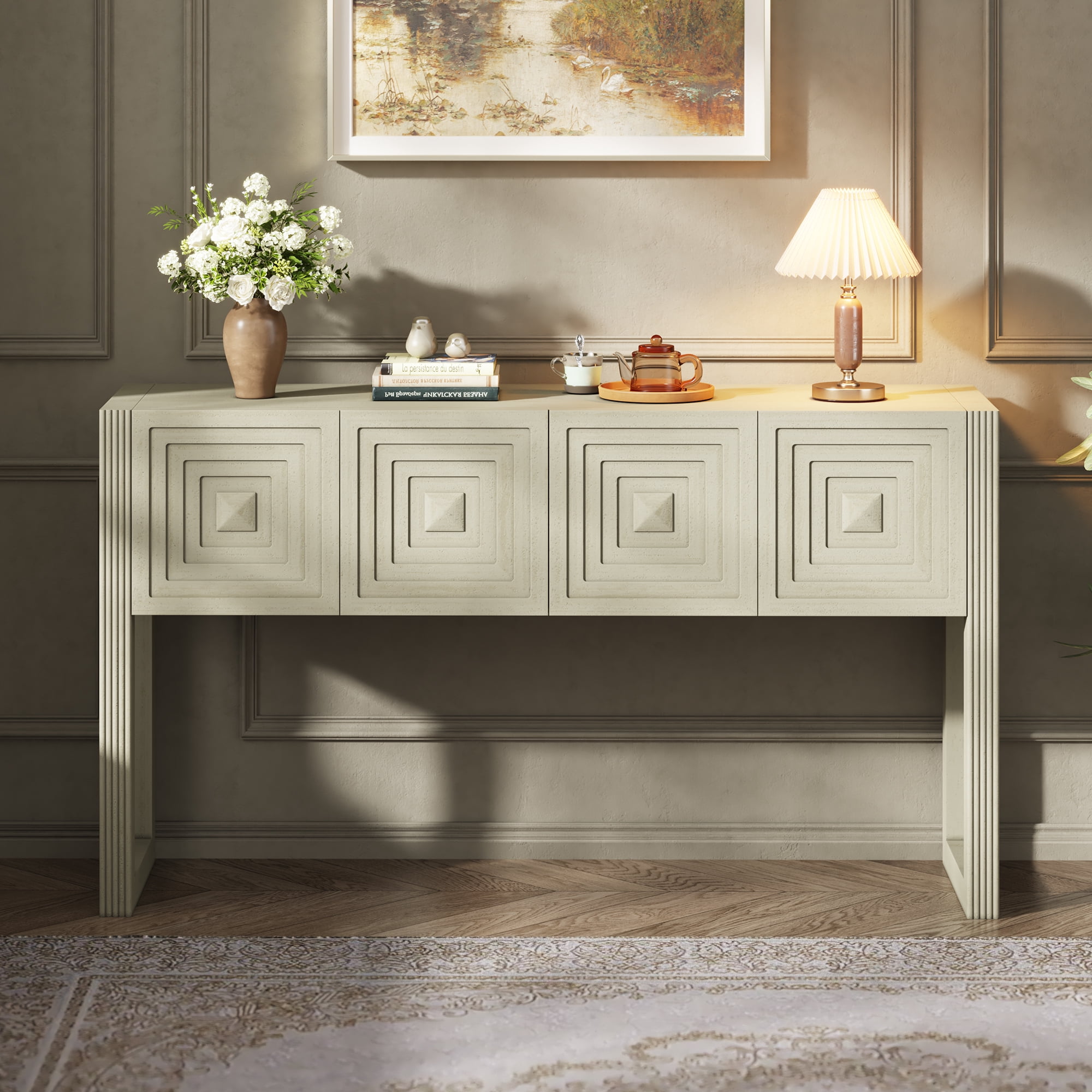 Euroco 54.9" Console Table with 3 Soft-Close Drawers, Fluted Entryway Table with Solid Wood Frame, Narrow Long Sofa Table for Living Room, Hallway, Entryway,Natural