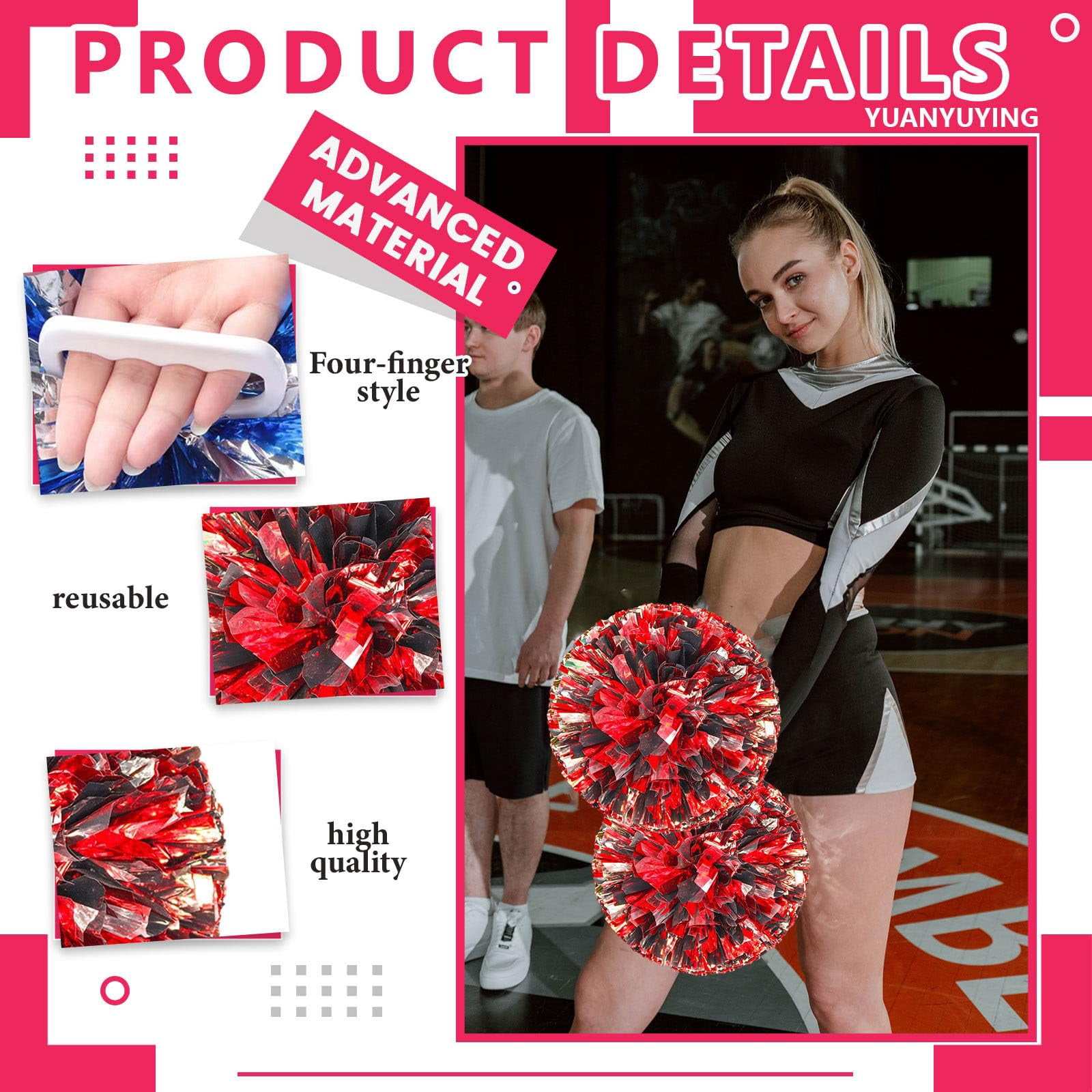 Pom Poms Cheer 8 Pcs with Four Finger Handle, Cheerleading Handheld Squad Pompoms for Sports Team Cheer Spirit Games Dance Party Adults