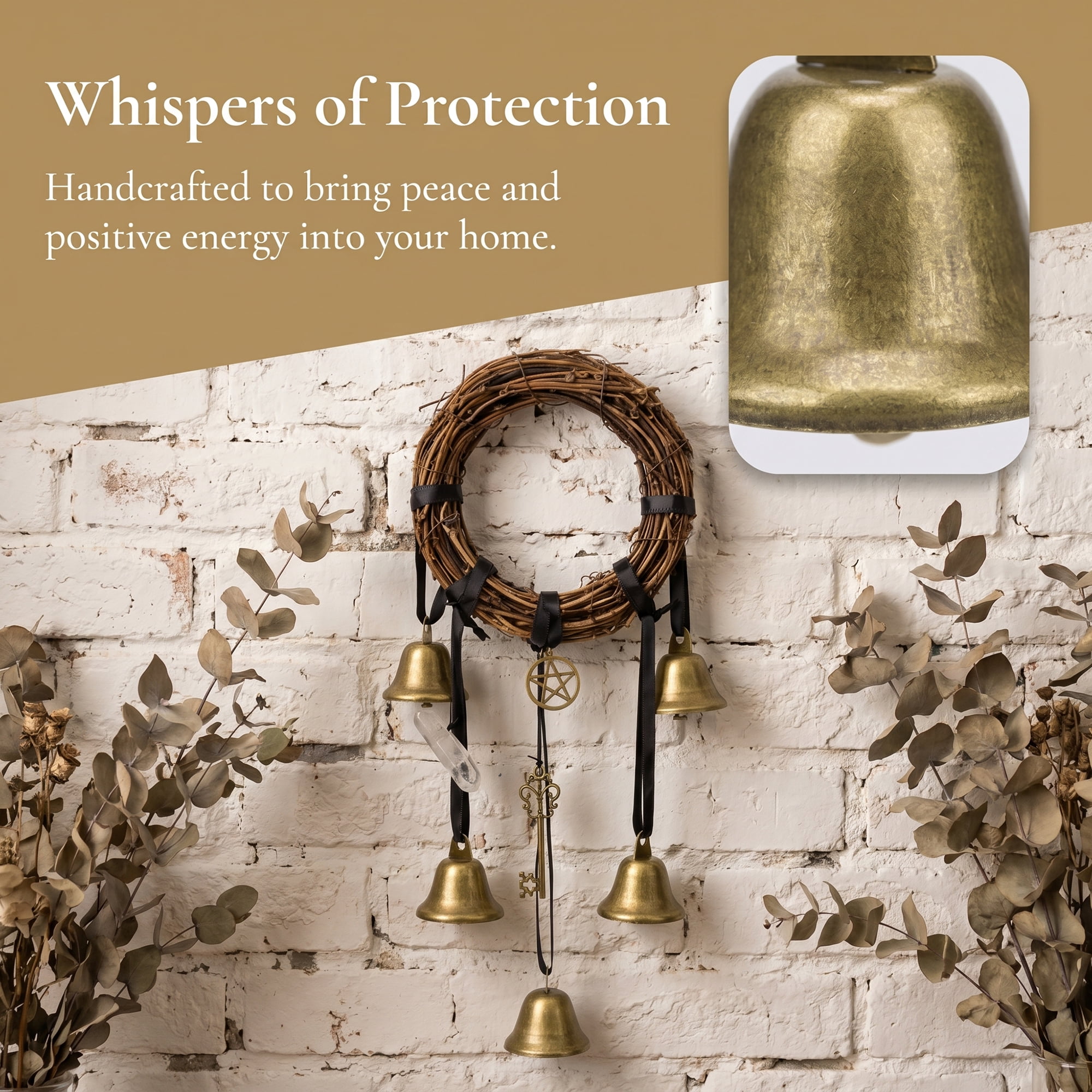 Unique Bargains Rattan Wreath Knob Protection Bells Bronze Black Rope 3.5" x 2.4" x 12.2"