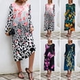 thumbnail image 3 of Moda mujer vestido estampado mariposa pez leopardo o cuello manga larga bolsillo vestido casual Abanopi Azul/Medio, 3 of 7