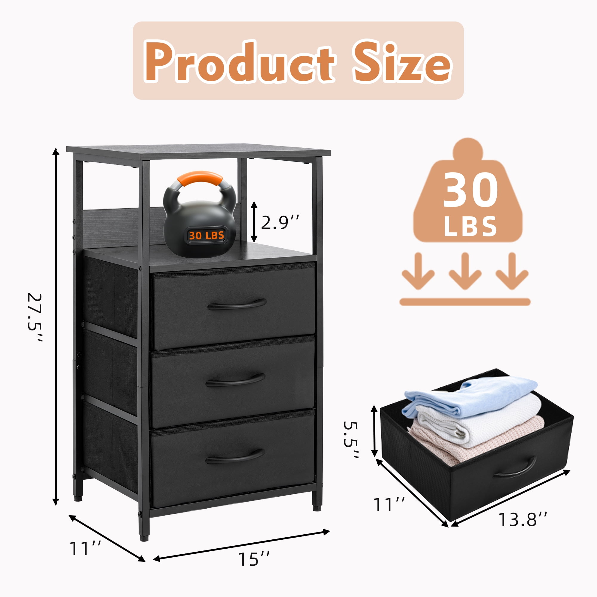 YEEZEE Bedside table with 3 fabric-covered drawers and an open shelving unit,ideal for bedrooms, entryways, and college dorms, easy to assemble. black