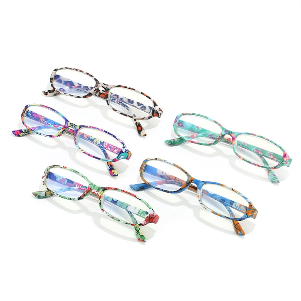 5 Pairs of Small Rectangle Flower Print Anti-blue Light Reading Glasses 4.00 Spring Hinges Readers for Women +4.00 strength