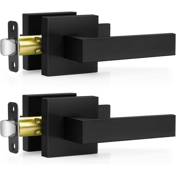 2 Pack Matte Black Door Handles, Passage Door Levers for Hallway & Closet, Interior Keyless Door Knobs Heavy Duty Square Non-Locking Handlesets(2.0lb), Reversible for Left & Right Sided Doors