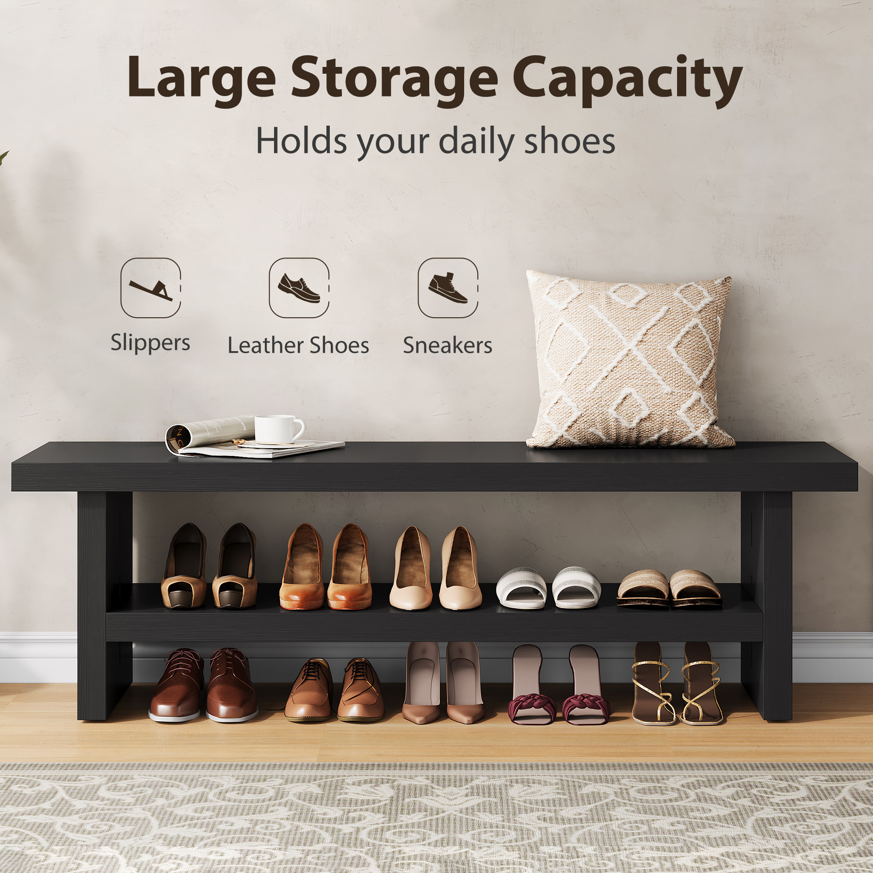 Condemo 2 Tier Entryway Bench, 47.24" Shoe Bench, Rustic Shoe Rack, Wooden Storage Bench for Entryway Hallway Living Room Bedroom, Easy Assembly, Black