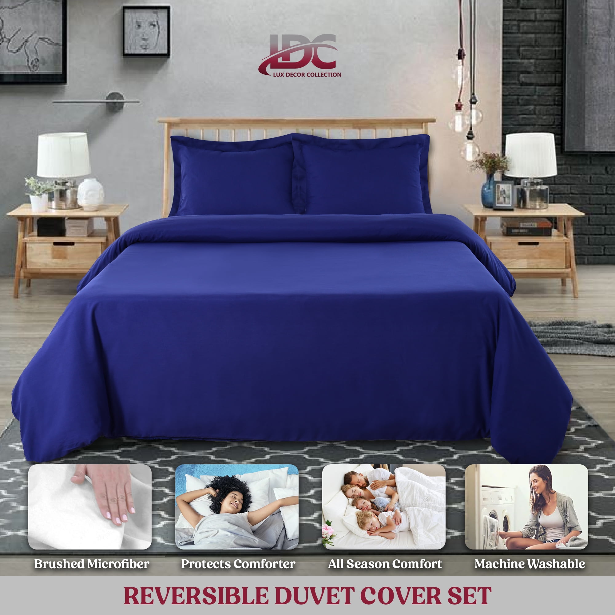Lux Decor Collection King Duvet Cover Set - Brushed Microfiber Comforter Cover and 2 Pillow Shams - Navy Blue (3 Piece)