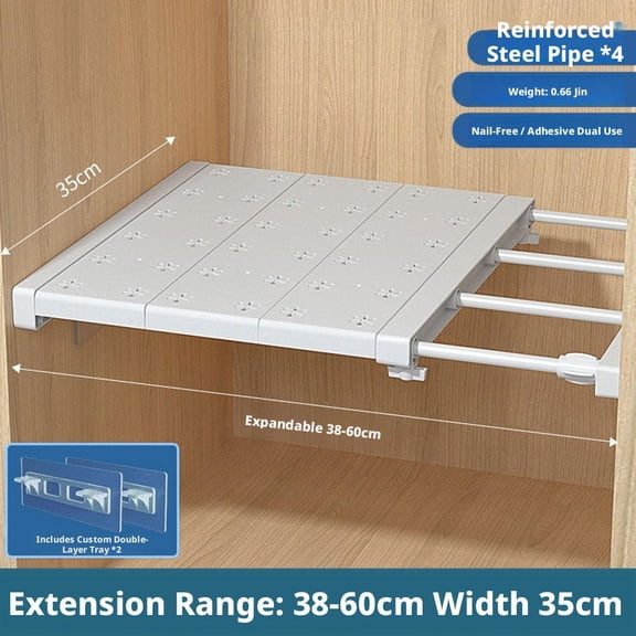 White Tension Shelf Organizer Adjustable 30-80cm Drill-Free Closet Space Saver with Adhesive Brackets Heavy Duty Steel Storage Rack for Wardrobe Dorm Apartment Pantry Shoe Cabinet