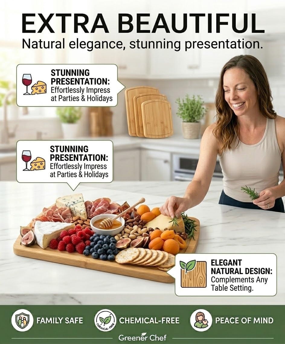 Greener Chef Luxury Bamboo Cutting Board Set of 3, Glue-Free Surface Technology, Extra Spacious XL Wood Kitchen Chopping Boards, Lifetime Replacement