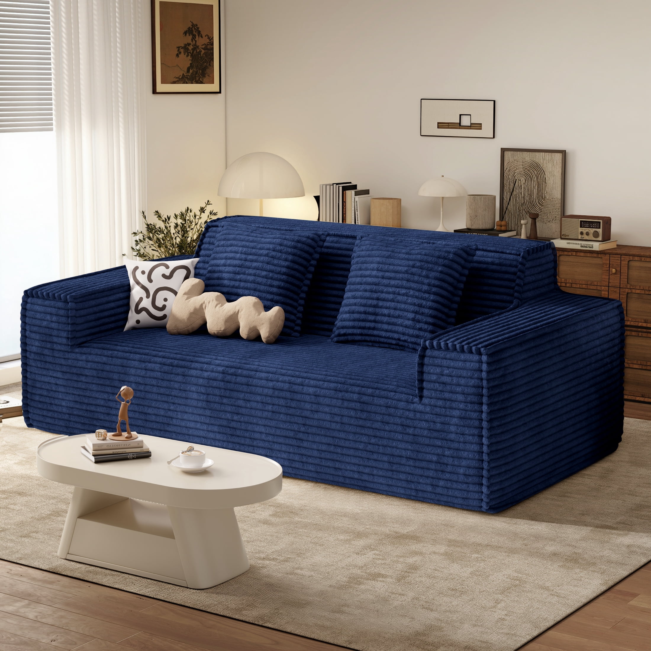 Hawsaiy 75" Corduroy Loveseat Sofa with Wide Armrests & Removable Pillows, No Assembly Foam Couch, Vacuum Packed, High-Density Support,Blue