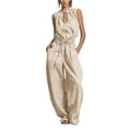 thumbnail image 2 of Women's Sleeveless Jumpsuit, Summer Solid Color With Round Neck & Zipper, Casual One-Piece For Minimalist Style Beige S, 2 of 5