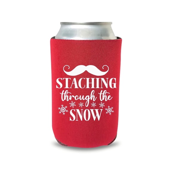 Can Cooler Sleeve, Beverage Insulator, "Staching Through The Snow" Printed Design, Fits Standard Cans, Red