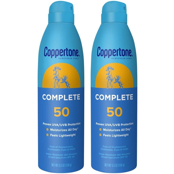 Coppertone Complete Sunscreen Spray, SPF 50 Spray Sunscreen, 5.5 Oz, 2 Pack