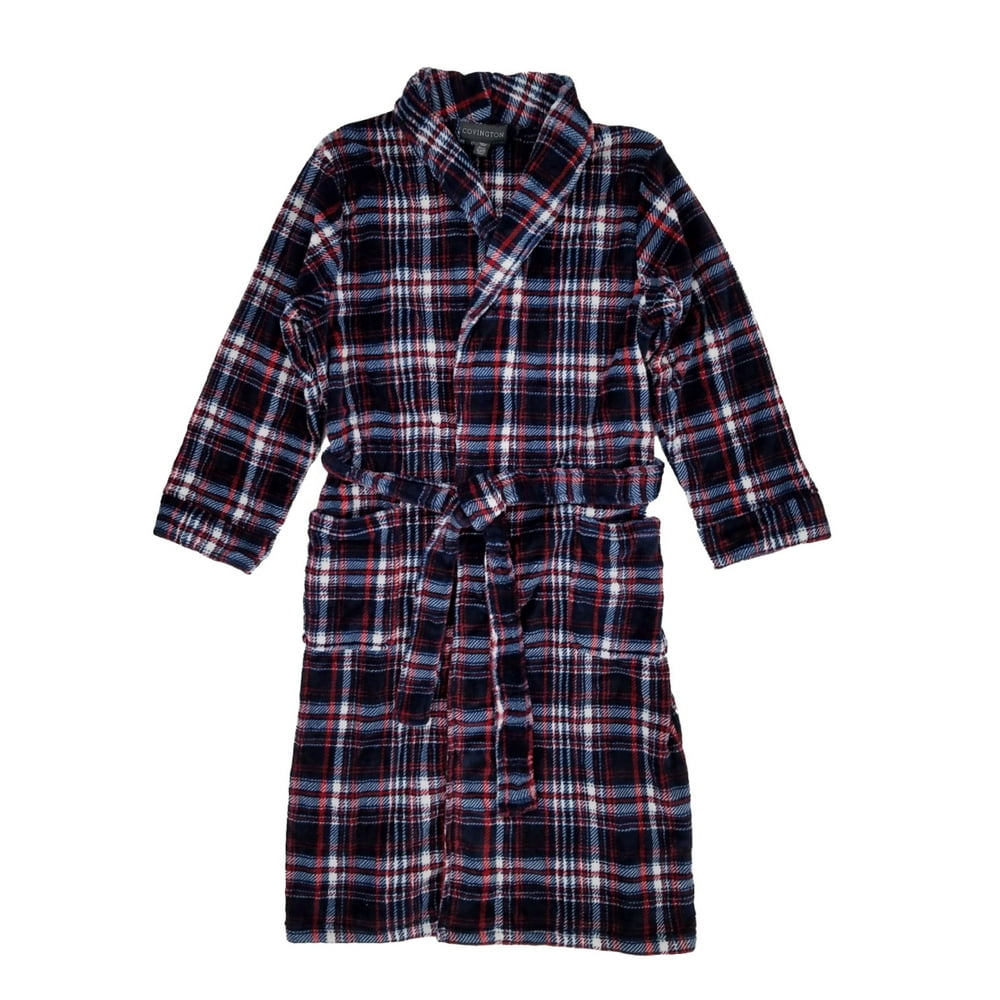 Covington Mens Navy Blue Red & White Plaid Plush Robe Housecoat Bath Robe OSFM