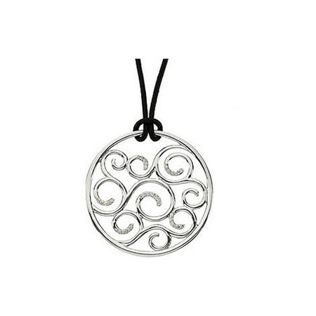 - Diamond Scroll Circle Necklace, Sterling Silver and Black Leather Cord