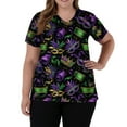 thumbnail image 5 of Mardi Gras Scrub Tops for Women Sparkly Short Sleeve Feathers Print Uniform Carnival Mask Print V Neck Nursing Scrubs with Pockets Purple M, 5 of 5