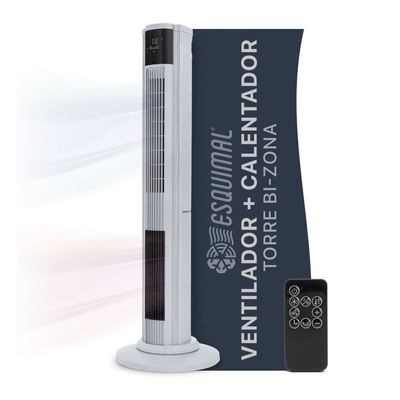 Ventilador Calentador de Torre, 2 en 1, con Temporizador y Control remoto Esquimal (Gris, 111 cm)