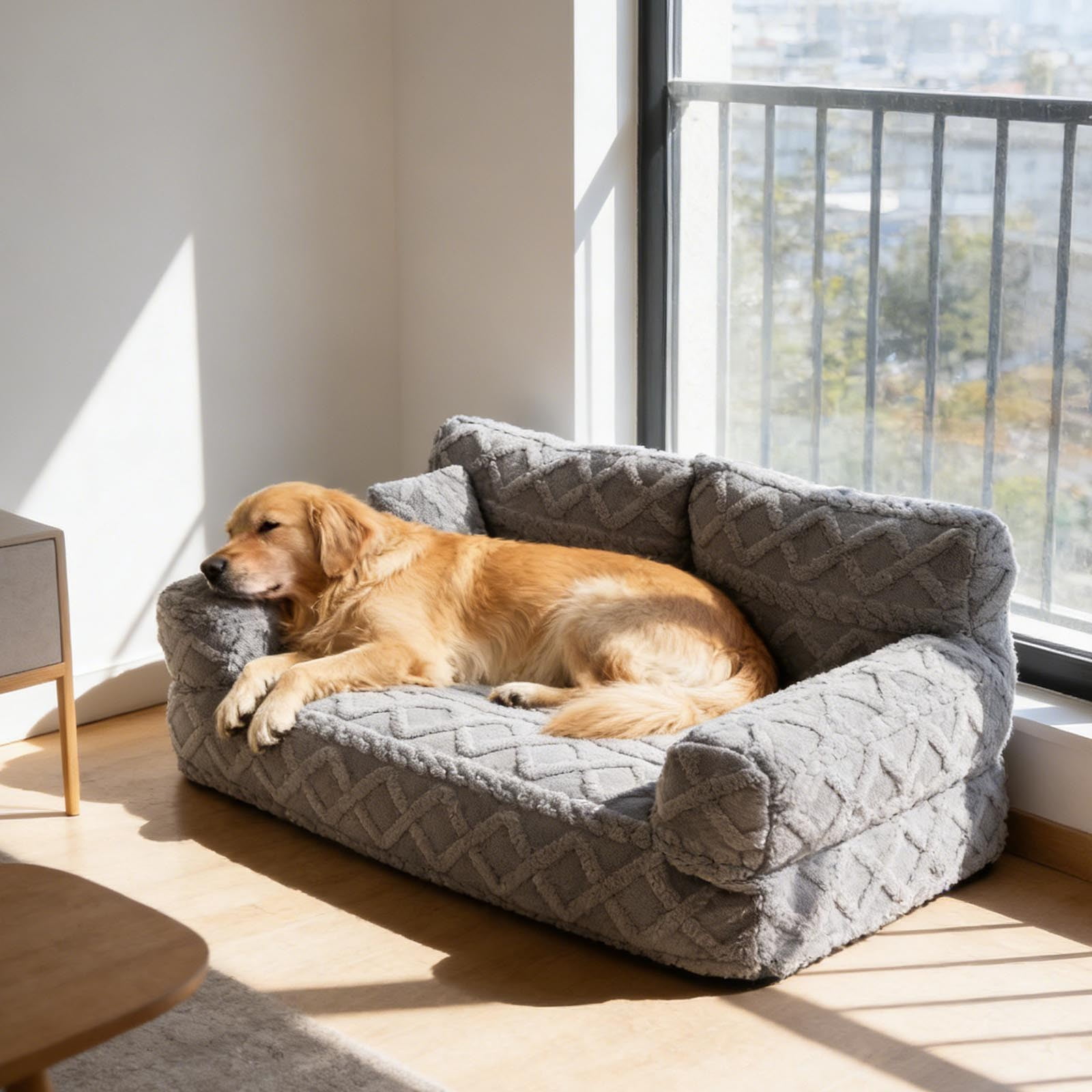 Orthopedic Pet Sofa Bed Removable Washable Plush Cushion Supportive Calming Sleeping Couch for Small Medium Dog Cat Indoor Rest Gray - M