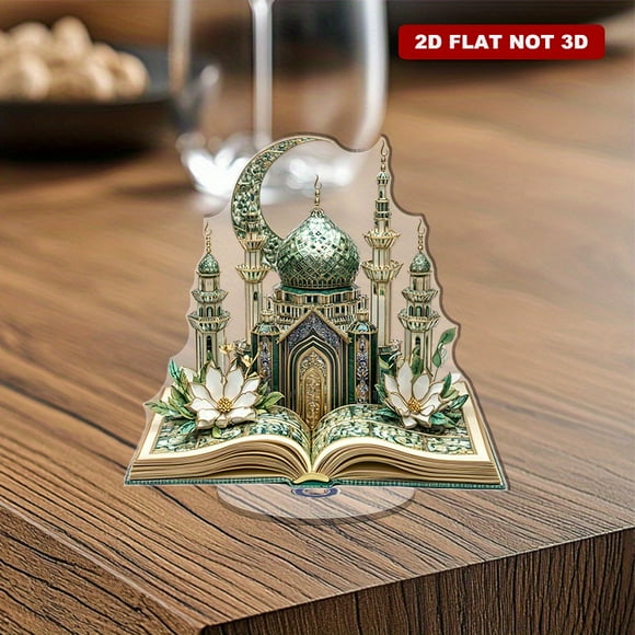 Rotating acrylic ornament featuring a Victorian glass design with a Muslim palace and crescent moon in green white and gold tones