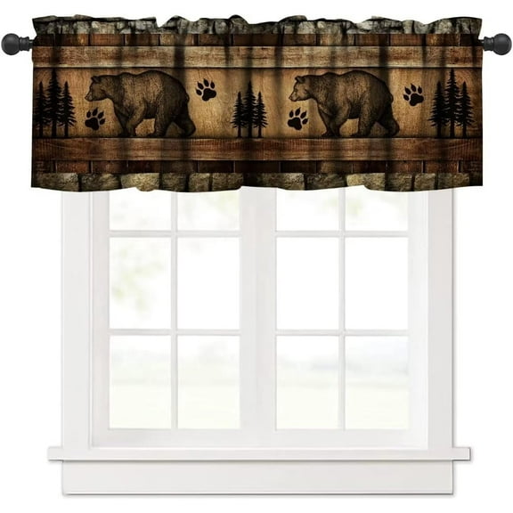 Retro Bear Curtain Valances,Rustic Woodland Wild Animal Rod Pocket Window Valance,Farmhouse Stone Wall Wooden Board Print Blackout Short Topper Curtain for Living Room Kitchen,54x18in