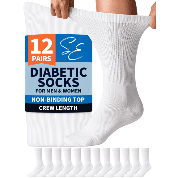 Special Essentials Diabetic Socks for Men & Women – 12 Pairs of Non-Binding Moisture-Wicking Neuropathy Socks – Crew Length, White, 10-13