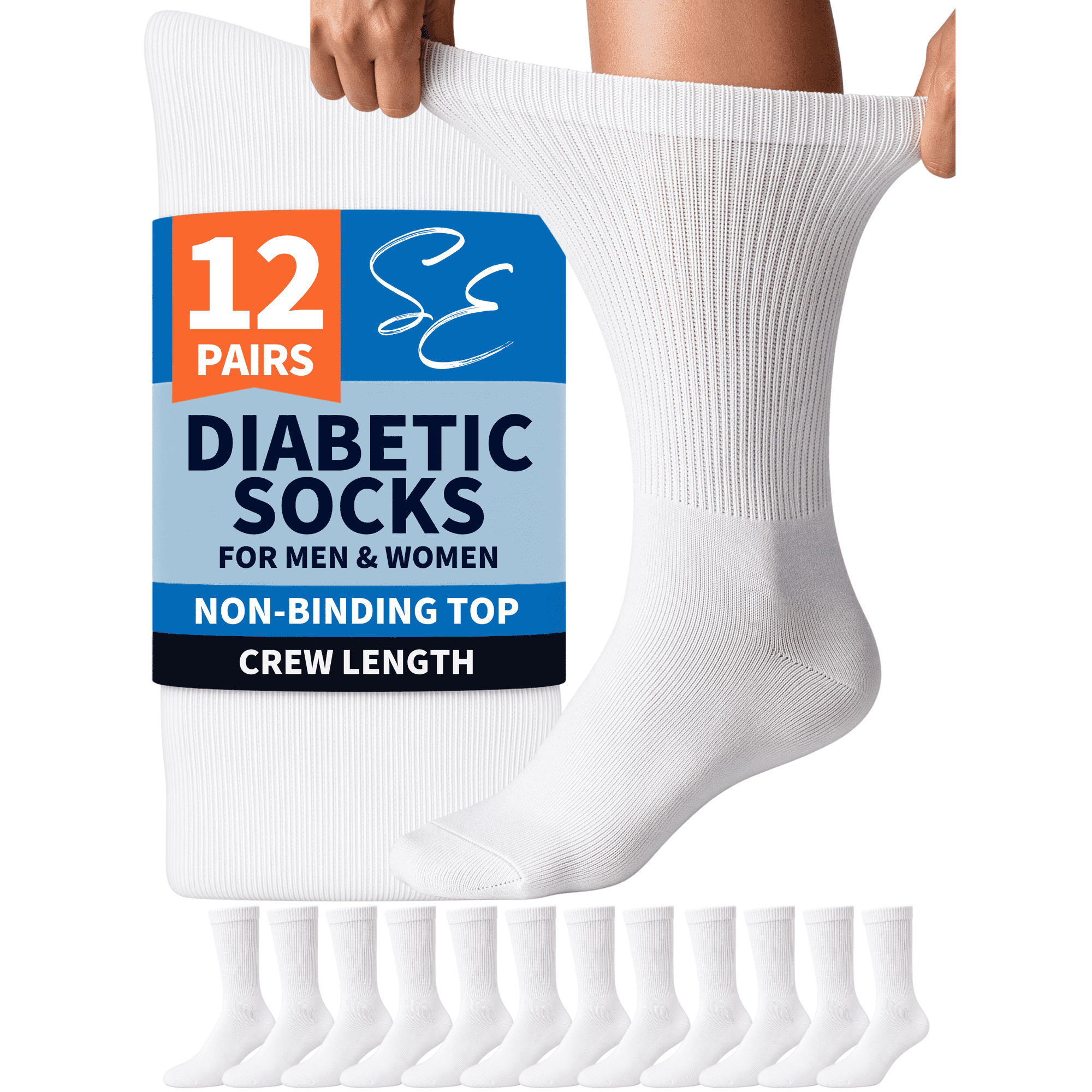 Special Essentials Diabetic Socks for Men & Women – 12 Pairs of Non-Binding Moisture-Wicking Neuropathy Socks – Crew Length, White, 10-13