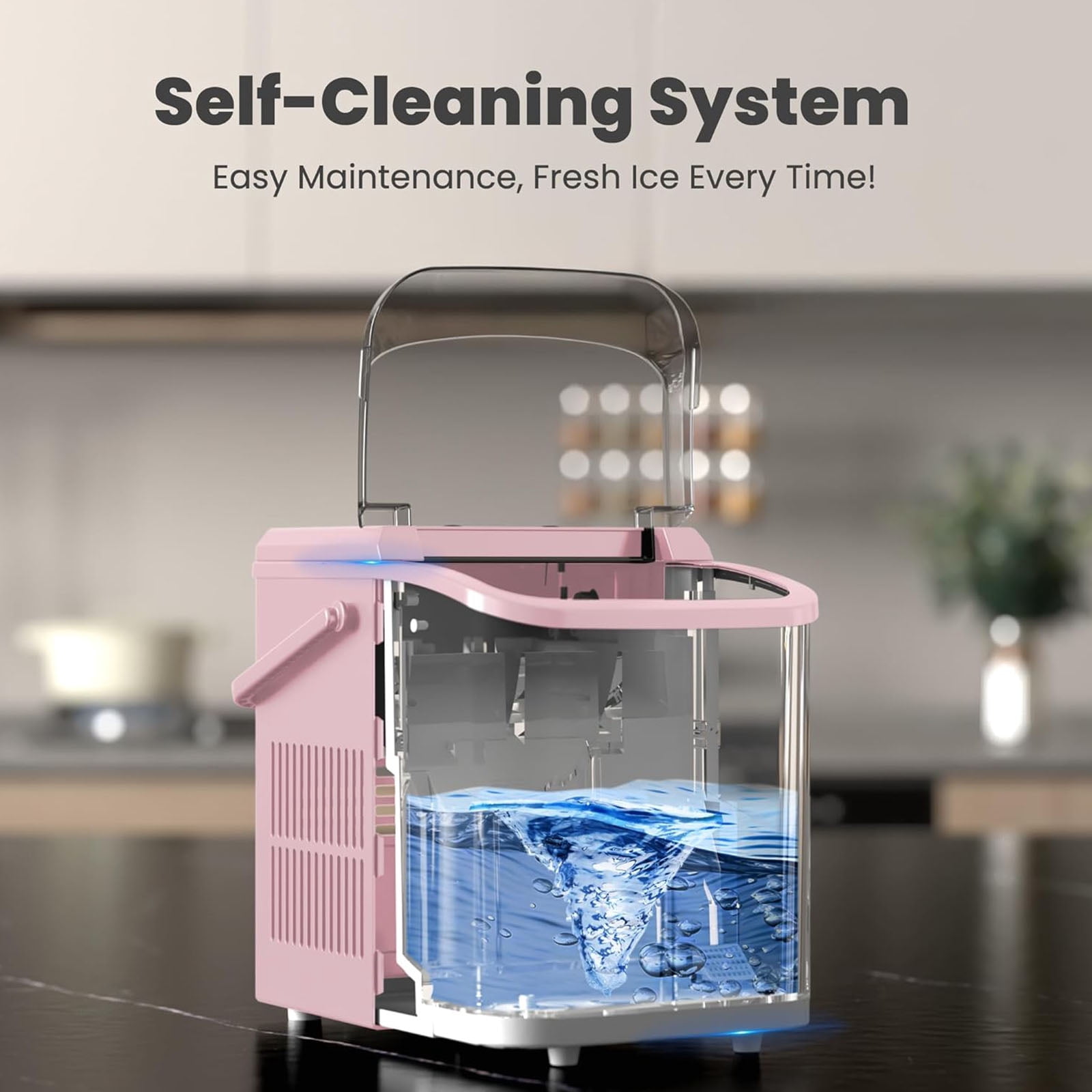 Casabay Portable Countertop Ice Maker with Handle, 6 Mins 9 Ice Cubes, Self-Cleaning, 24H High Output for Home, Parties & Camping, Pink