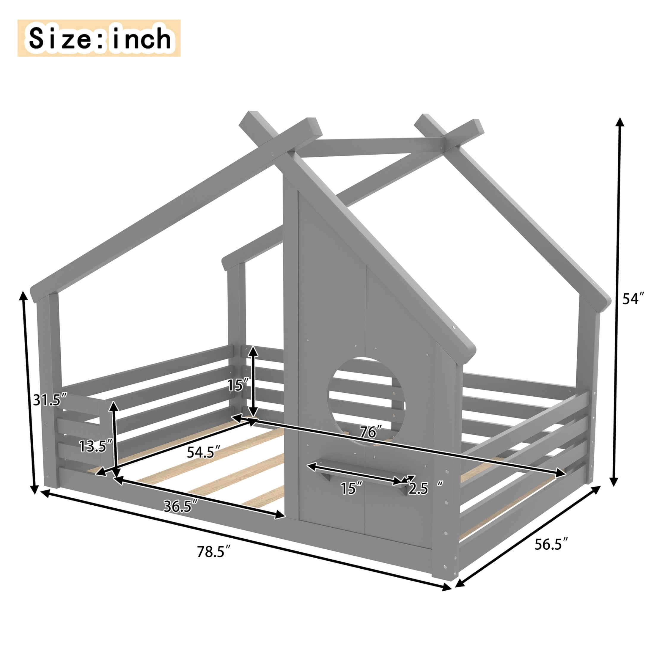 Noble House Full House Floor Bed with Small Shelf, Montessori Kids Bed Frame, Gray