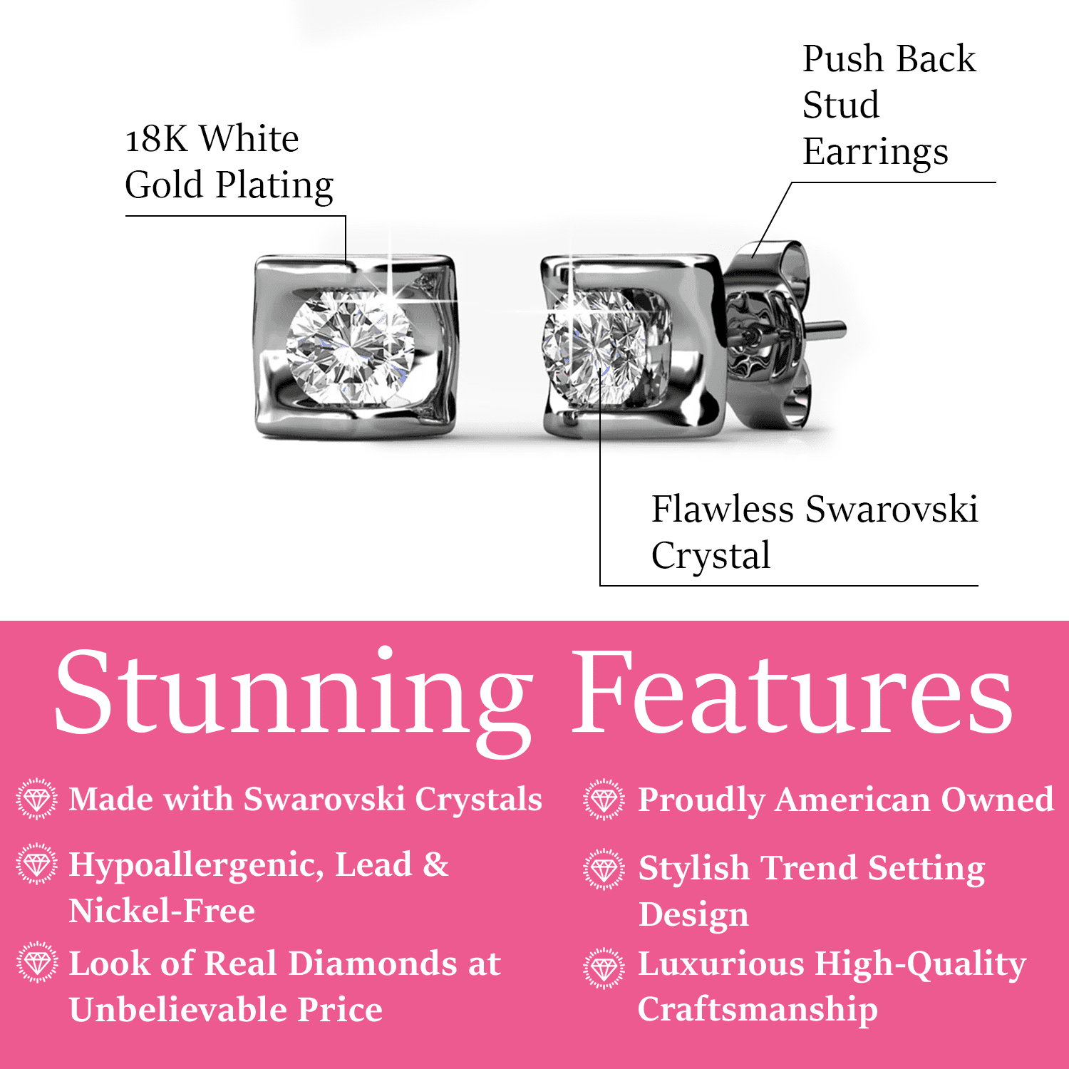 Cate & Chloe Lindsey 18k White Gold Plated Heart Stud Earrings with Swarovski Crystal Gift for Women