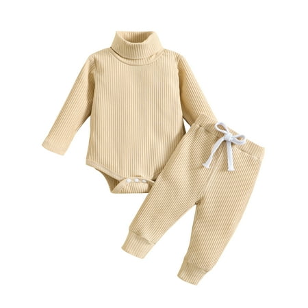 

jaweiwi Toddler Baby 2 Piece Fall Clothes Set for Girl Boy 0 3M 6M 12M 18M 24M Winter Ribbed High Neck Romper and Pants Outfits Infant Clothing