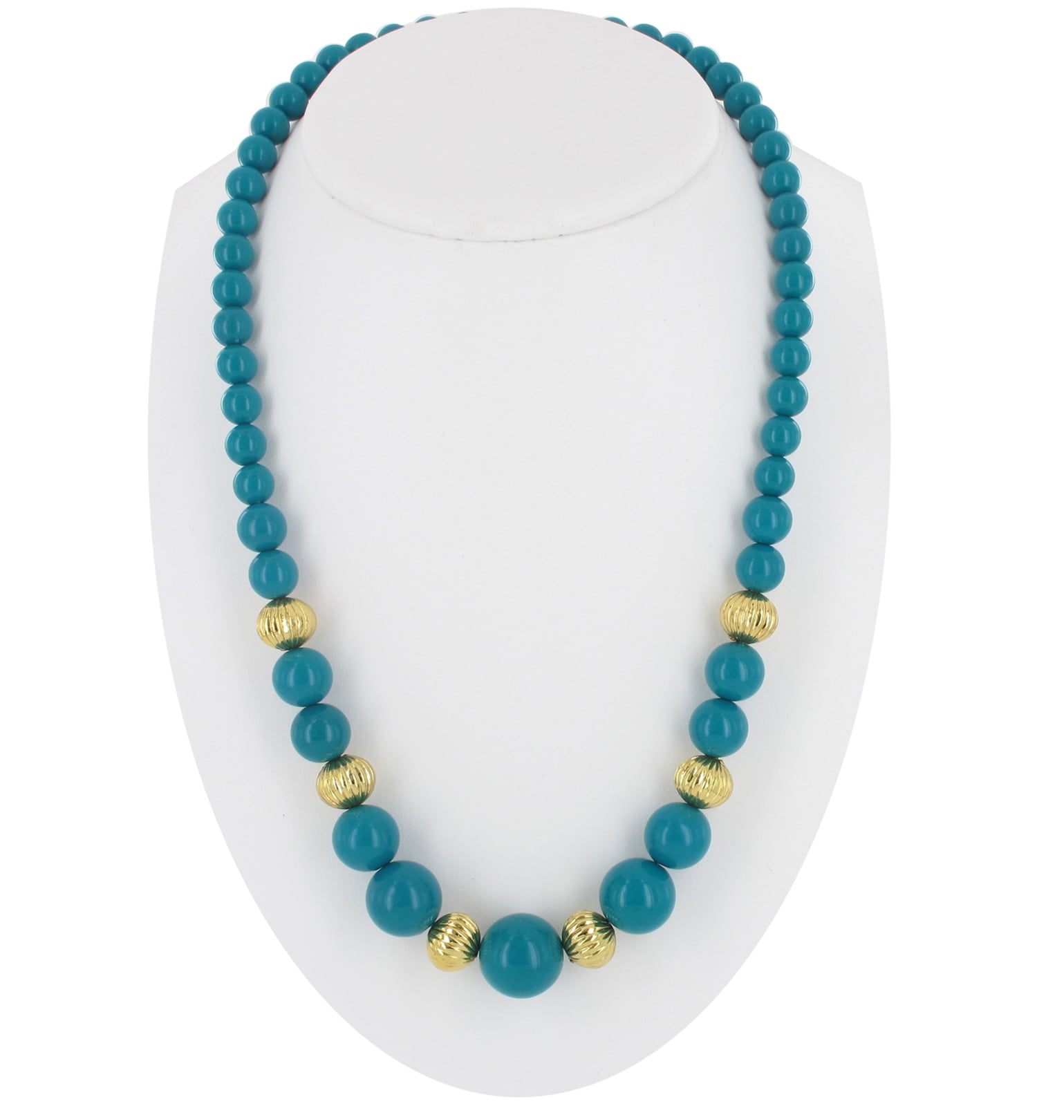 Necklace 24" Genuine Lucite Graduated Bead Gold Tone Teal Blue