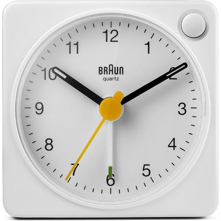 Classic Travel Analogue Alarm Clock with Snooze and Light, Compact Size, Quiet Quartz Movement, Crescendo Beep Alarm in White, Model BC02XW.