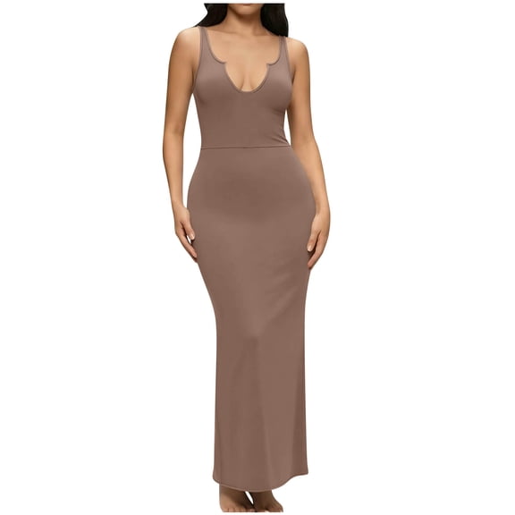 Makaor Tank Dresses for Women Plus Size Curvy Maxi Dresses Sleeveless Spaghetti Strap Dress Solid V Neck Beach Vacation Clothes Khaki M