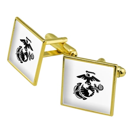 Marine Corps USMC Black on White Eagle Globe Anchor Officially Licensed Square Cufflink Set Gold Color