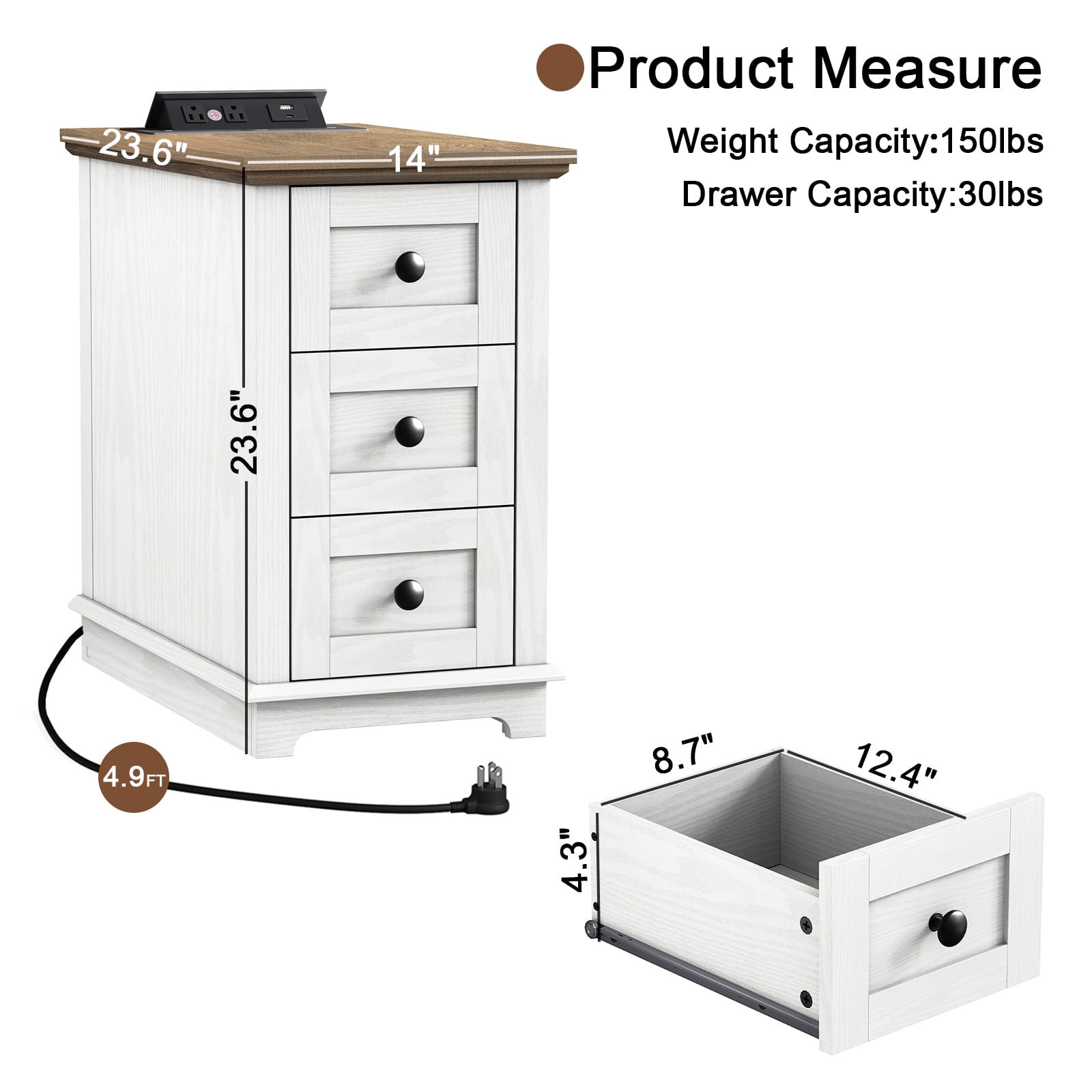 FAGAGA End Table with 3 Drawers for Living Room,Nightstand Sofa Side Table with Charging Station,White