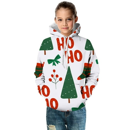 

Sweatshirts for Kids Hooded Unisex Xmas Tree 3D Christmas Letter Printed Pullover with Pocket Hoodies for Teens